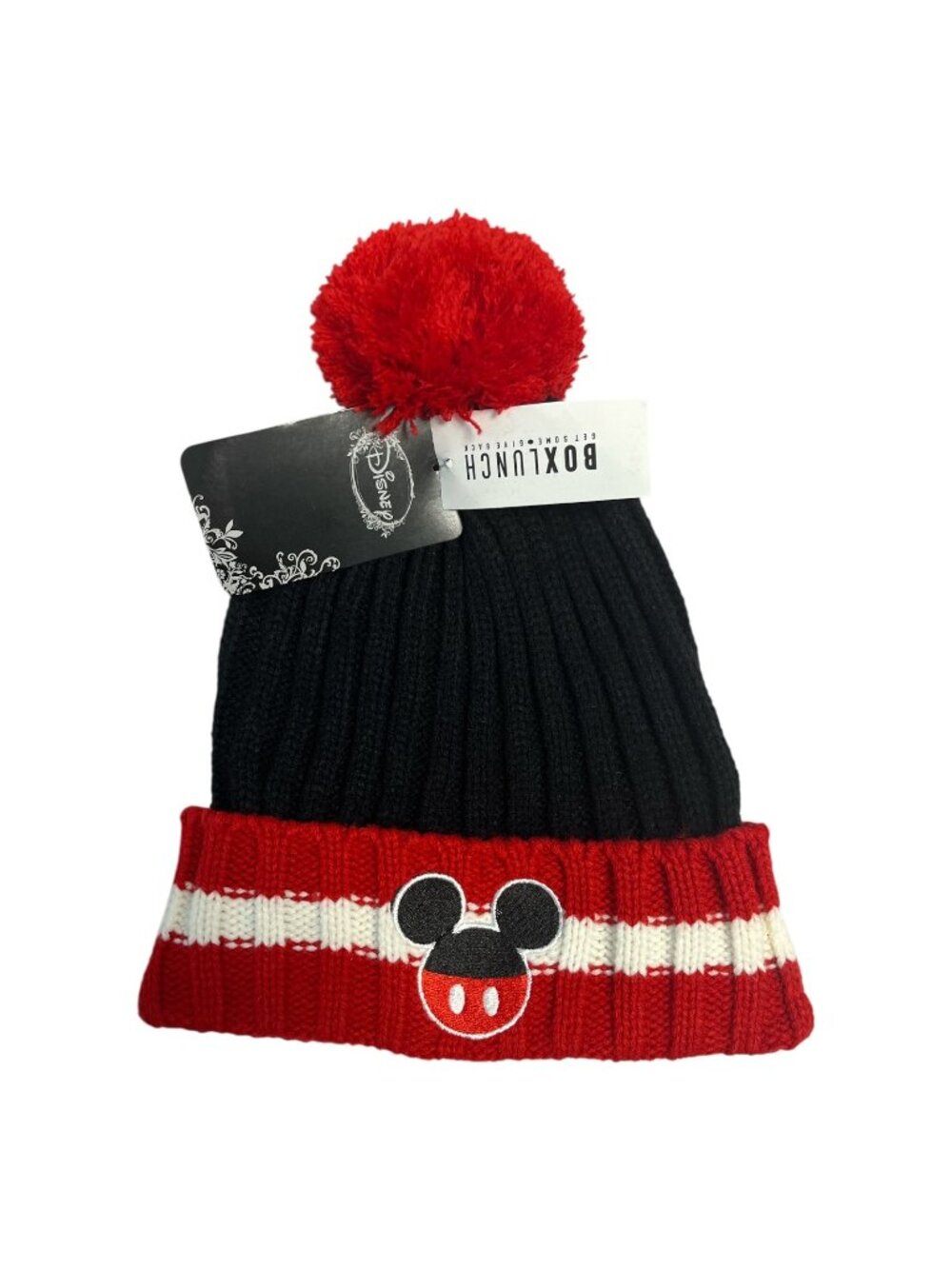Disney BoxLunch Mickey Mouse Pom Pom Knit Beanie Black Red One Size NWT